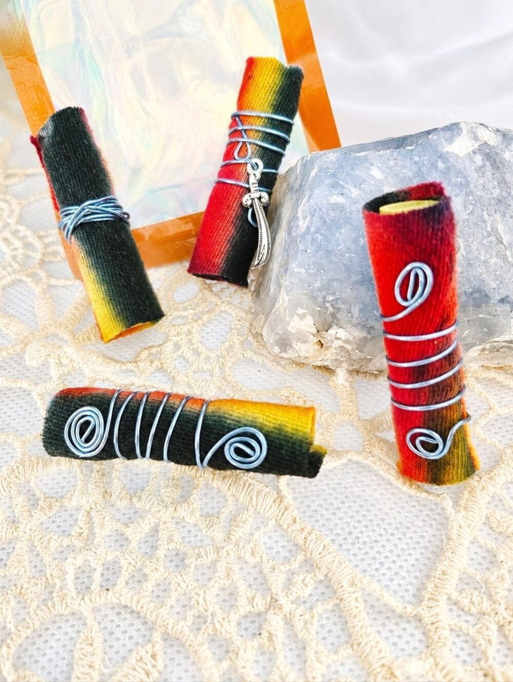 4/$15 Handmade Rainbow Dread Braid Beads | Boho Fabric Hair Wrap Charms
